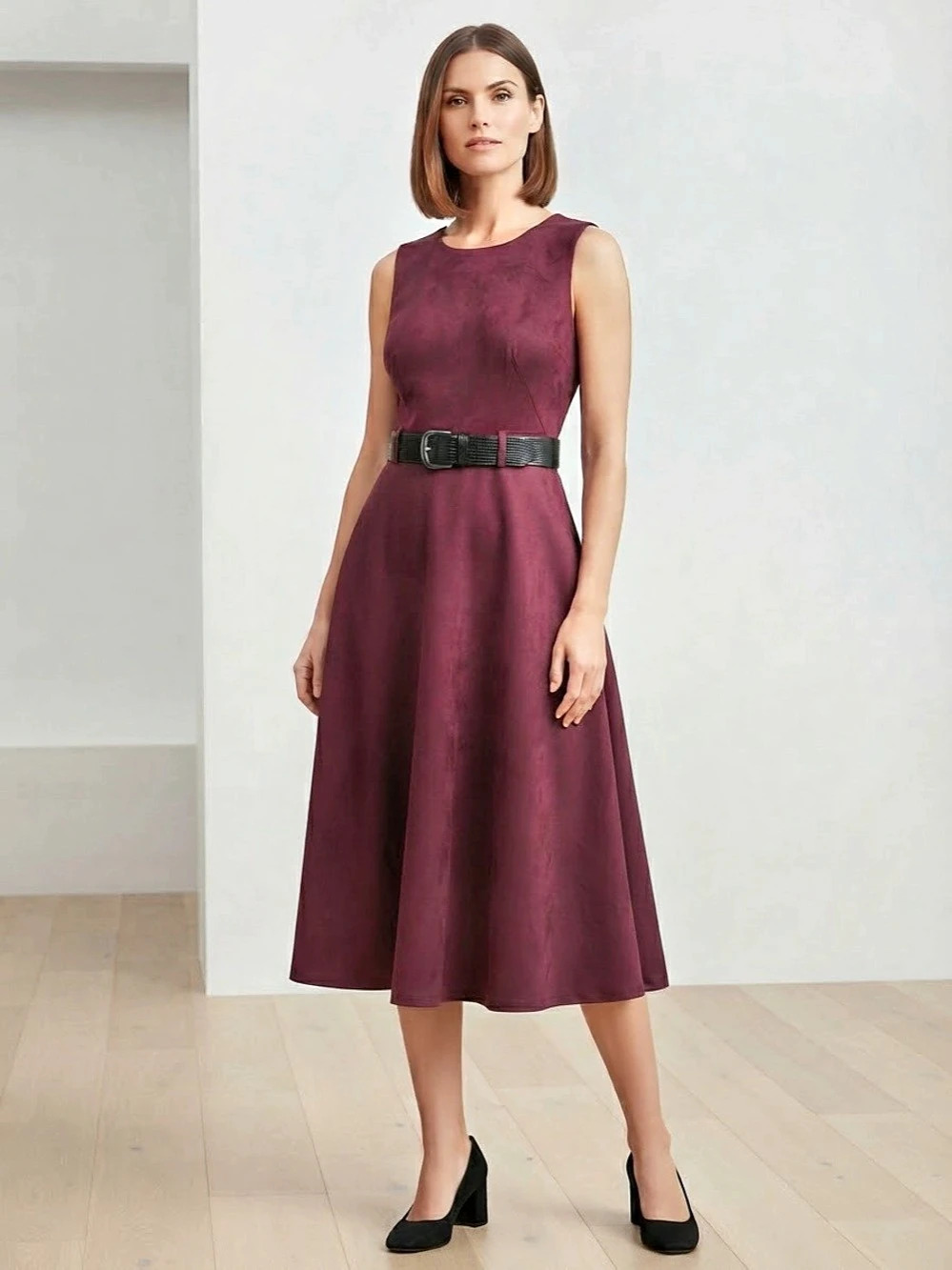 Calvin Klein Faux Suede Sleeveless Belted Midi Dress Purple 10 Burgundy.